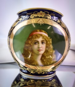 Marked Royal Vienna "Innocence" Cobalt & Gold Portrait Vase