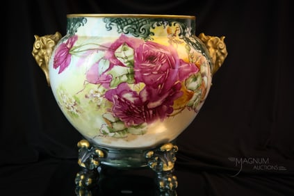 JPL France Limoges Elephant Handle Hand Painted Roses Jardinere