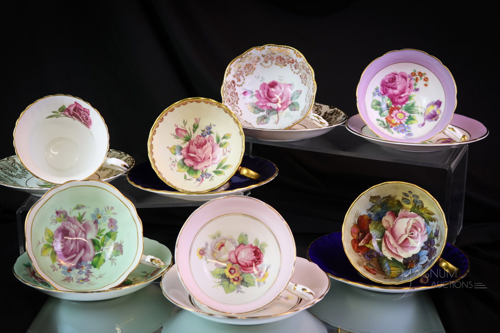 7 pc Lot Paragon & Ansley Porcelain Cups & Saucers Cobalt & Gold: Seven collectible cups and saucers in this generous lot. This lot combines five Paragon sets with two Ansley examples. Each was lovingly decorated with roses. Some with cobalt coloring and lots of gol