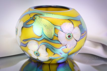 Signed Charles Lotton 1994 Multiflora Rose Bowl Vase