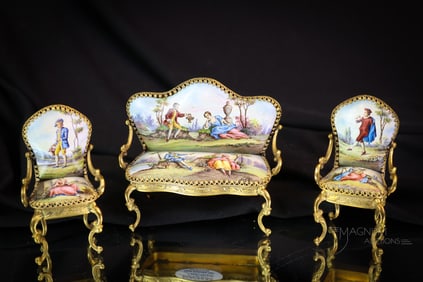 3 pc Set Miniature Enameled Porcelain & Brass Doll Furniture