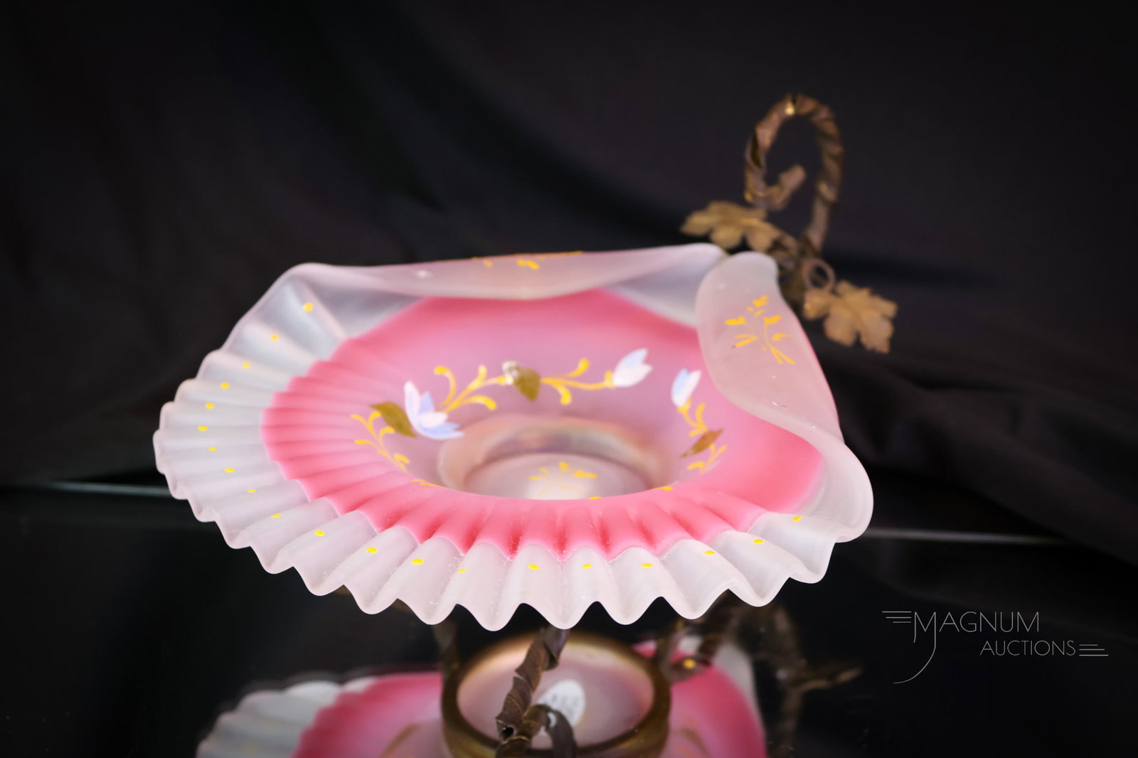 Victorian Ormolu Brass and Satin Glass Card Receiver: A lovely and charming find for your collection. This is an ormolu and art glass card receiver. This piece features pink and clear satin art glass with crimped design and enameled decoration. It is mou