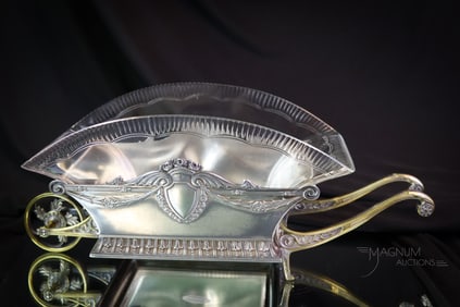 Rare Figural Victorian Silverplate & Glass Wheelbarrow Card Receiver