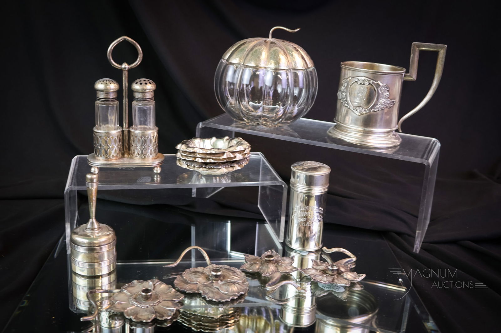 14 pc Lot 18.374 OZT Antique Sterling Silver: A more than generous lot of antique sterling silver. This lot is 18.374 OZT in weight. The lot includes a Colgate shaving stick container. English shakers in a stand. A Gorham silver lidded glass pump