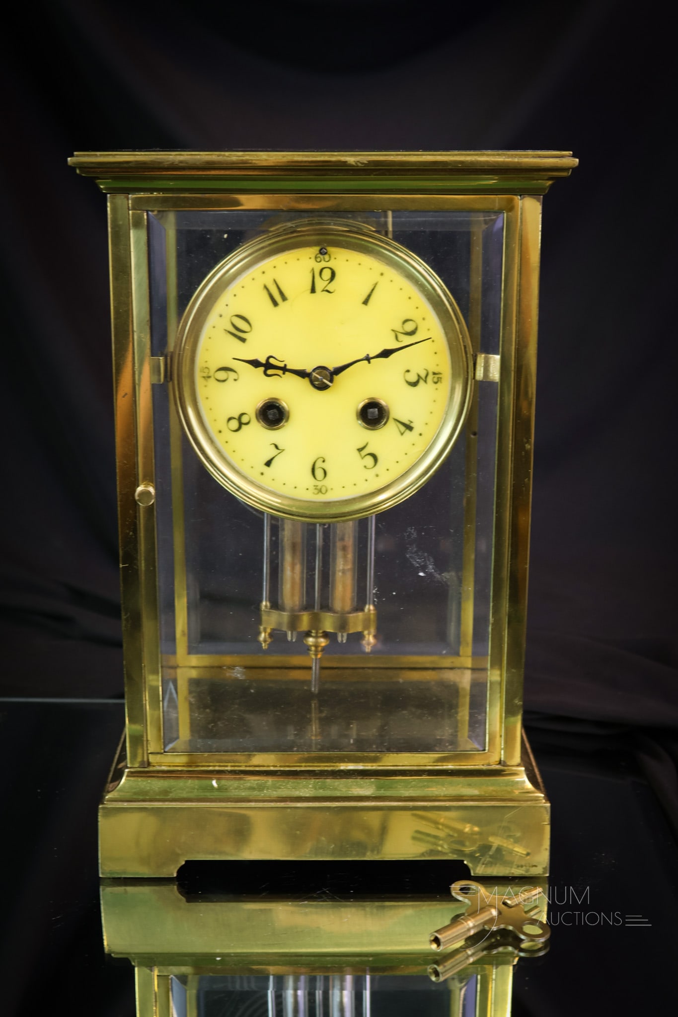 Japy Freres Tiffany & Co. French Cyrstal & Brass Regulator Clock: A nice find in this marked Japy Freres crystal & brass French regulator clock. This piece was retailed by Tiffany & Co. The clock is complete with the key and the pendulum. The clock is untested. It m
