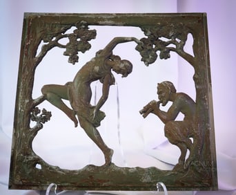 15" Art Nouveau Architectural Salvage Metal Plaque Satyr & Nymph