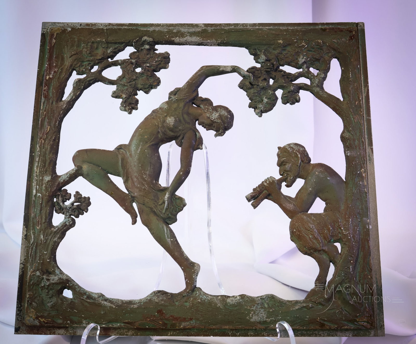 15" Art Nouveau Architectural Salvage Metal Plaque Satyr & Nymph: A wonderful find in antique architectural salvage. We are unsure what this piece was originally from, but it is quite decorative. The piece features a satyr and a nymph in relief decoration. The piece