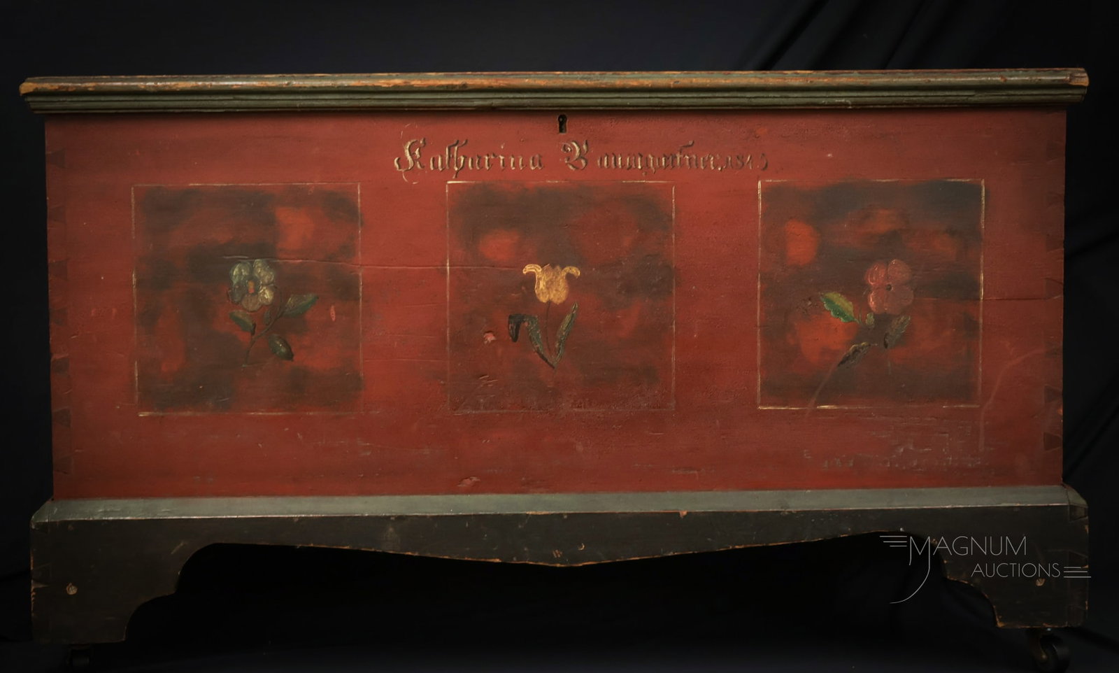Antique Early Wooden Blanket Chest Original Paint, dated 1845: A super find from a local estate. This piece has remained in the same family until now. It was passed down through the family and has remained in the same house for the past 100 years until now. This 