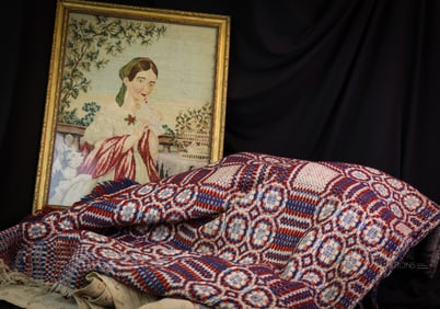 Antique Coverlet & Needlepoint Picture "Lady with Dove"