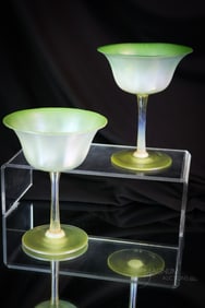 2 pc Lot Tiffany Green Pastel Art Glass Dessert Stems