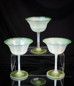 3 pc Lot L.C. Tiffany Favrile Pastel Green Art Glass Dessert Stems