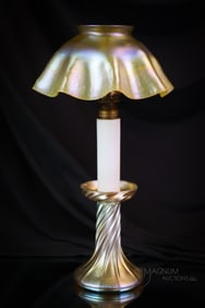L.C. Tiffany Gold Favrile Art Glass Candle Lamp with Chimney