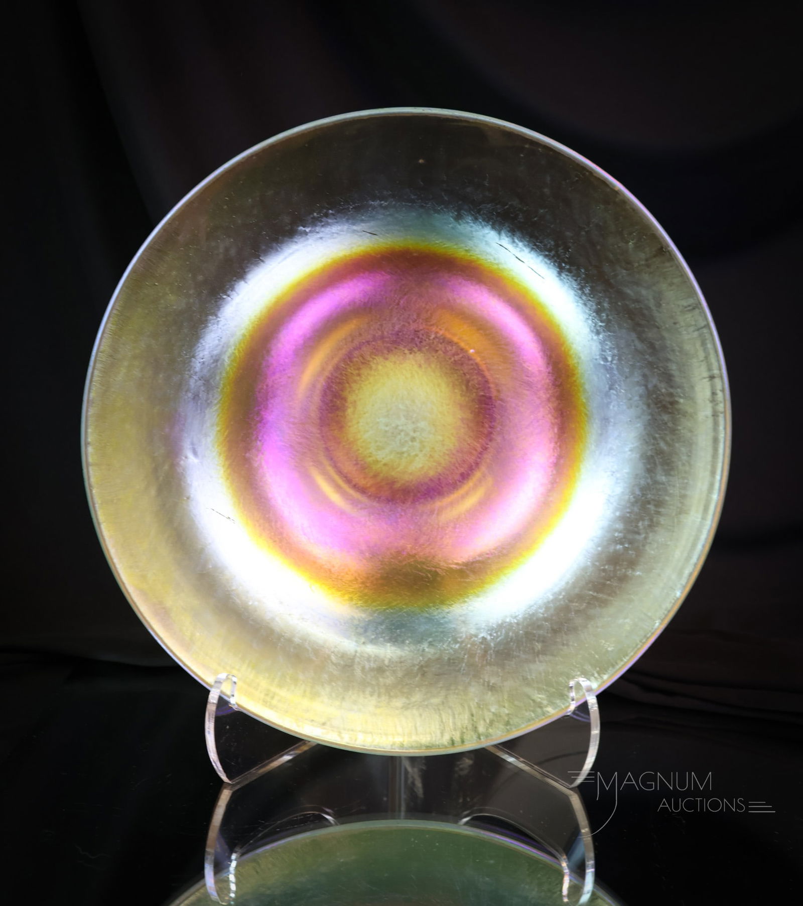 L.C.T. Tiffany Favrile Gold Iridescent Art Glass Bowl: Another find in marked Tiffany Favrile art glass. This low-footed bowl measures 2 3/4" tall and 9 1/2" wide. It is marked, "L.C.T. Tiffany Favrile. A nice find! SHIPPING NOTICE: If you choose not to u