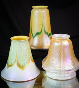 3 pc Lot Steuben Pulled Feather Art Glass Shades Calcite & Aurene