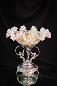Tufts Figural Silverplate Iridescent Enameled Glass Brides Bowl Centerpiece