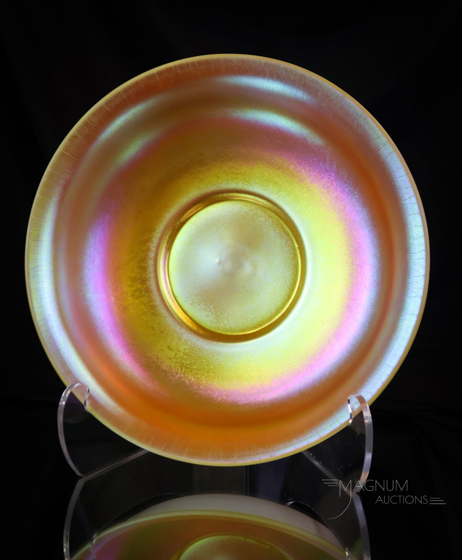 Steuben Gold Aurene on Calcite Large Art Glass Bowl: Another find in Steuben art glass. This is a classic. This is a large bowl in Gold Aurene on Calcite. It measures 3" tall and 11 1/2" wide. SHIPPING NOTICE: If you choose not to utilize the LiveAuctio