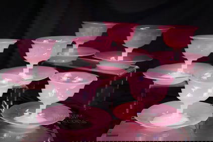 6 pc Set Steuben Art Glass Rosaline Alabaster Sherberts with Underplates