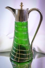 Palme Koenig Green Iridescent Art Glass Silverplate Claret Pitcher