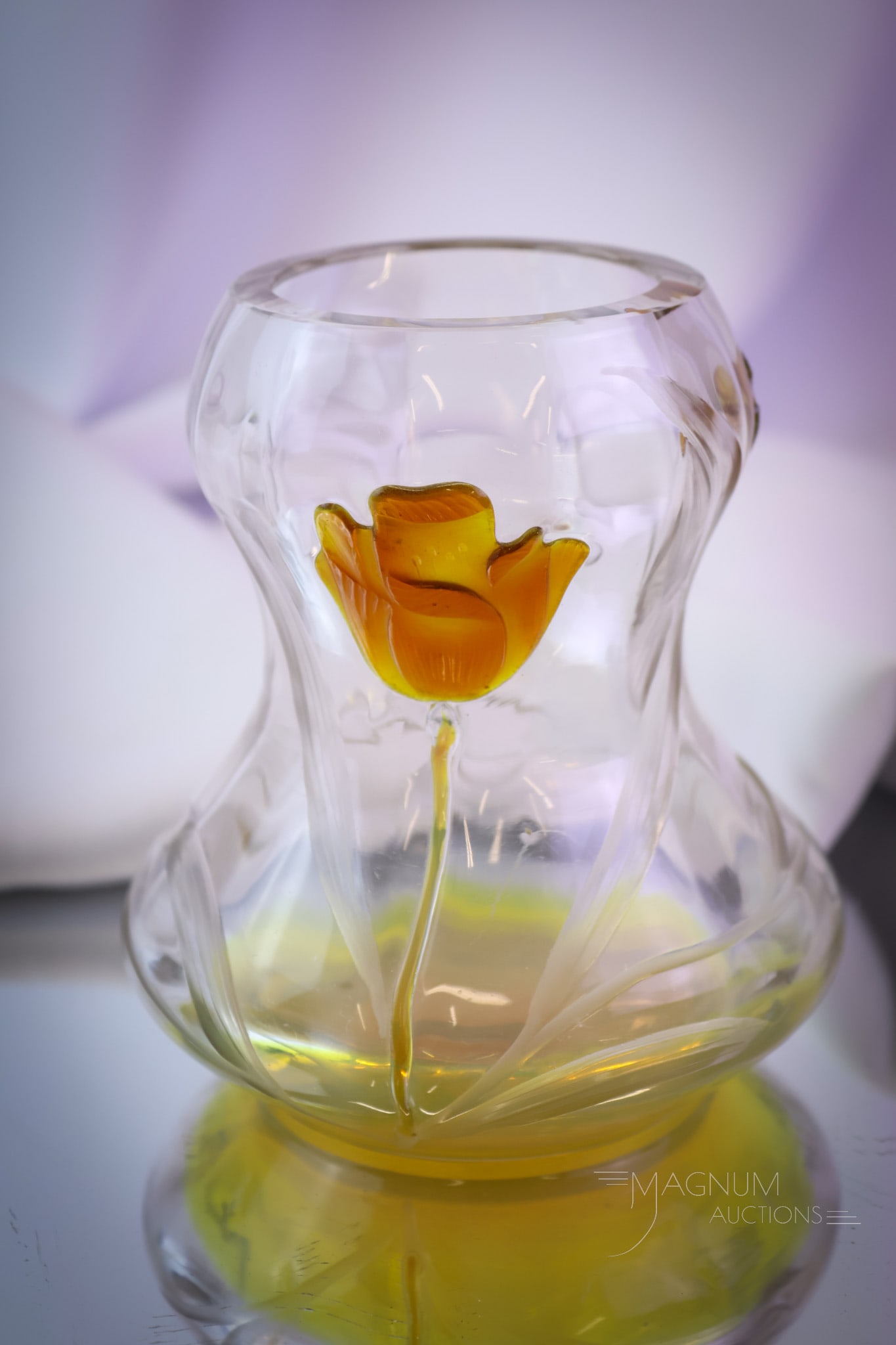 Signed Moser Karlsbad Intaglio Marquetry Tulips Vase: A fine signed Moser Karlsbad intaglio cut marquetry vase. This vase is decorated with tulips. A fine example. It measures 5" tall. SHIPPING NOTICE: If you choose not to utilize the LiveAuctioneers Liv