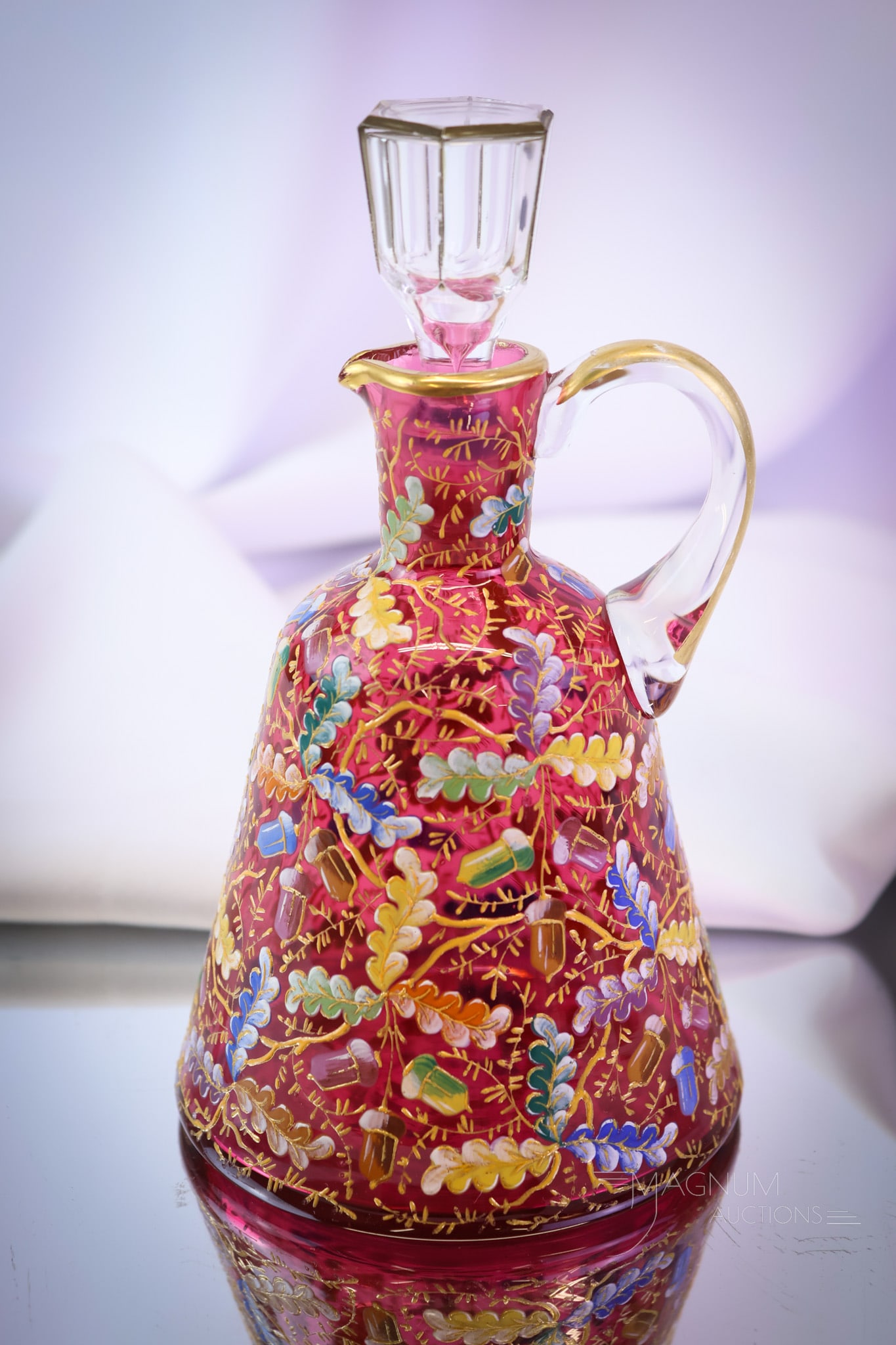 Moser Cranberry Enameled Glass Victorian Acorn & Leaves Cruet: A great find in a Moser cranberry cruet. This is beautifully decorated with leaves and acorns. The glass is rich cranberry. It measures 7 1/4" tall. SHIPPING NOTICE: If you choose not to utilize the L