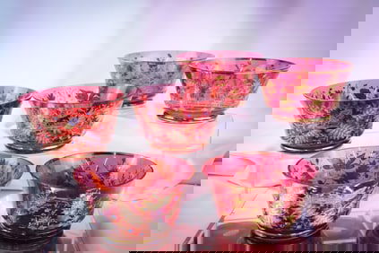 6 pc Lot Moser Cranberry Gilt Enameled Art Glass Victorian Bowls