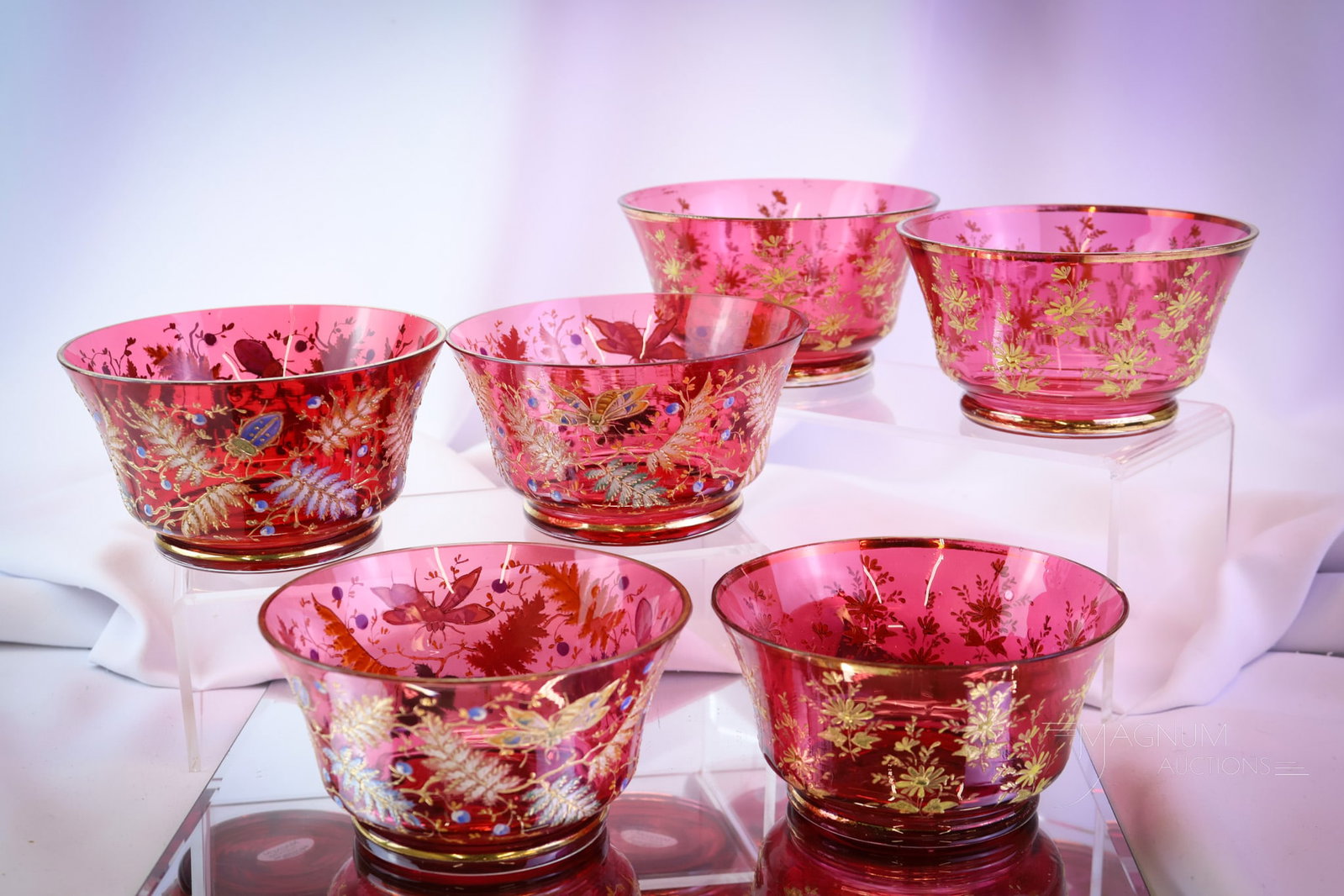 6 pc Lot Moser Cranberry Gilt Enameled Art Glass Victorian Bowls: There are three of each in this set of six. This offering showcases Moser bowls with two unique decorations. One set of three is lavishly decorated with bugs, foliage and gold. The other set of three 