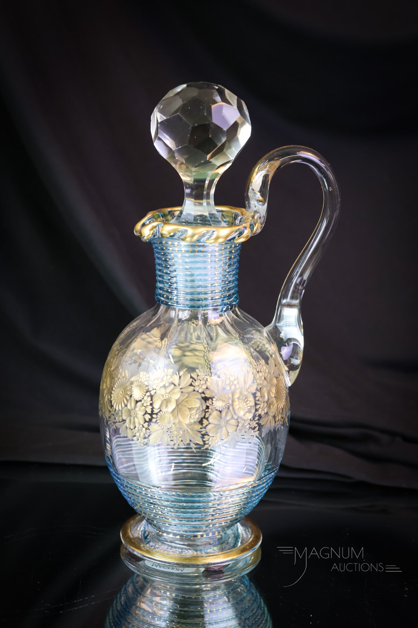 Moser Bohemian Engraved Threaded Art Glass Cruet: A fine example of beautiful Victorian Moser Bohemian art glass. This cruet is gilt decorated and has engraved floral bouquets and applied threading. It measures 8 3/4" tall and 4" wide. SHIPPING NOTIC