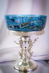 Middletown Victorian Silverplate Cherub Moser Art Glass Applied Fish Brides Bowl