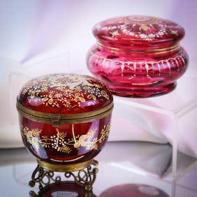 2 pc Lot Victorian Cranberry Gilt Enameled Dresser Boxes
