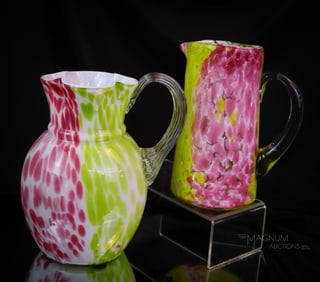 2 pc Lot Victorian Spatter Art Glass Water Pitcher
