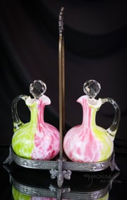 Victorian Phoenix Spatter Glass Silverplate Double Cruet Set