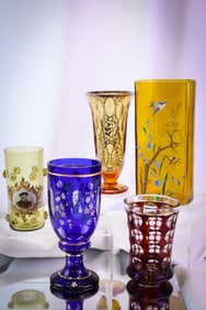 5 pc Lot Bohemian Glass Enameled & Silver Overlay