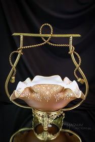 Victorian Loetz Satin Enameled Glass Gilt Decorated Brides Bowl