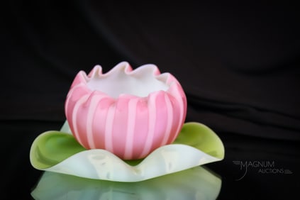 Victorian Stripe Mother of Pearl Satin Glass Water Lily Rose Bowl & Plate