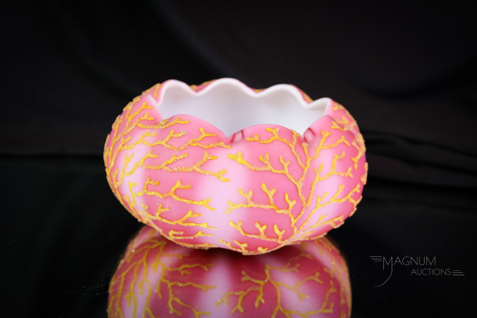 Victorian Pink Stripe Coralene Art Glass Rose Bowl: A pretty in pink Victorian glass rose bowl. This piece features a pink stripe coloring on the body, enhanced with yellow coralene decoration. The piece measures 2 1/2" tall and 5" wide. SHIPPING NOTIC