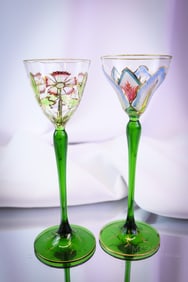 2 pc Lot Art Nouveau Bohemian Enameled Theresienthal Art Glass Cordial Stems