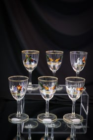 6 set Dorflinger Honesdale ca. 1915 Enameled Glass Barnyard Themed Cocktail Stems