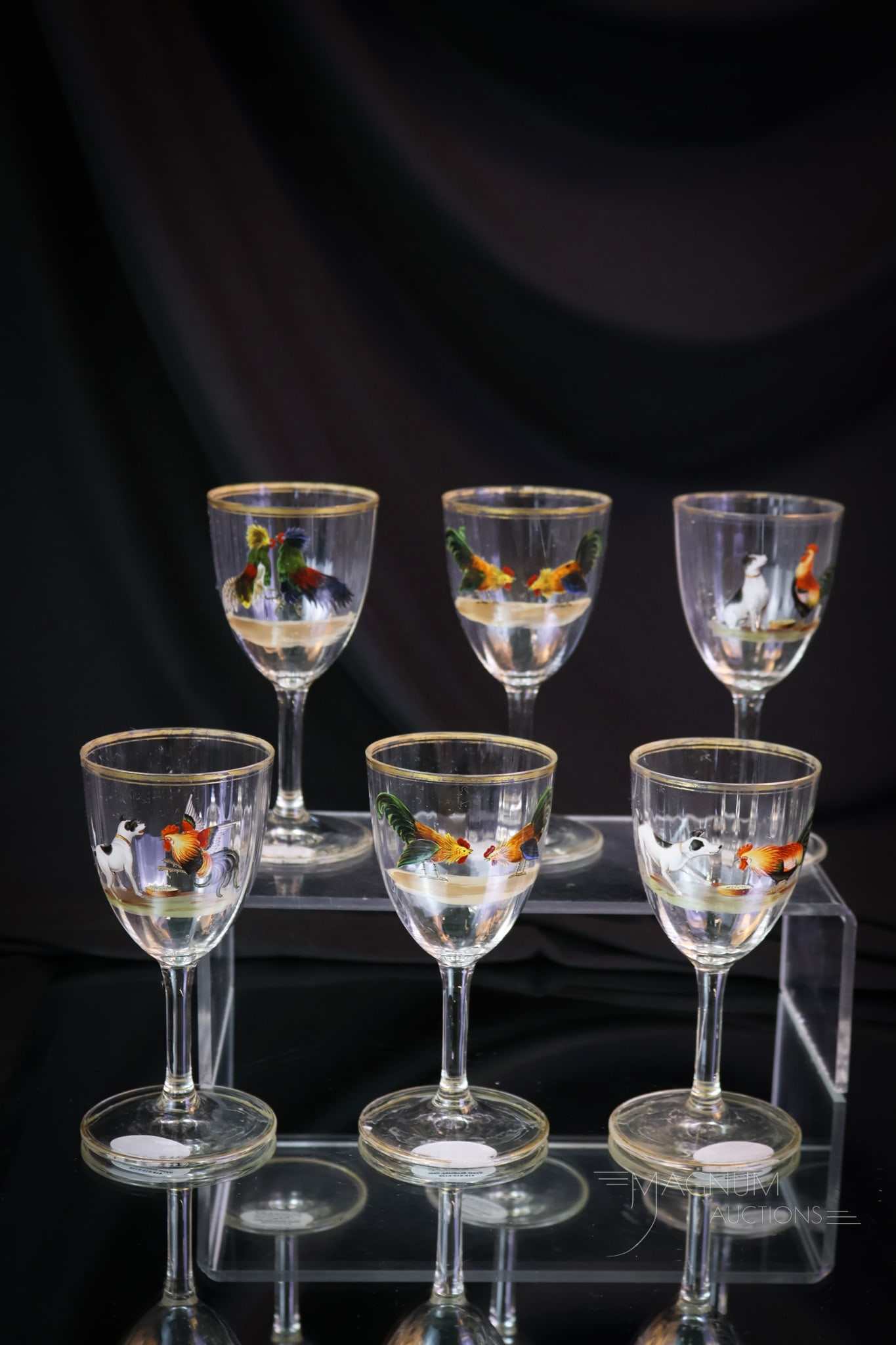 6 set Dorflinger Honesdale ca. 1915 Enameled Glass Barnyard Themed Cocktail Stems: A set of six Dorflinger glass decorated by Honesdale barnyard themed cocktail stems. These are quite nice! Each is gold-trimmed and finely enamel-decorated. Three examples have a rooster and a dog, an