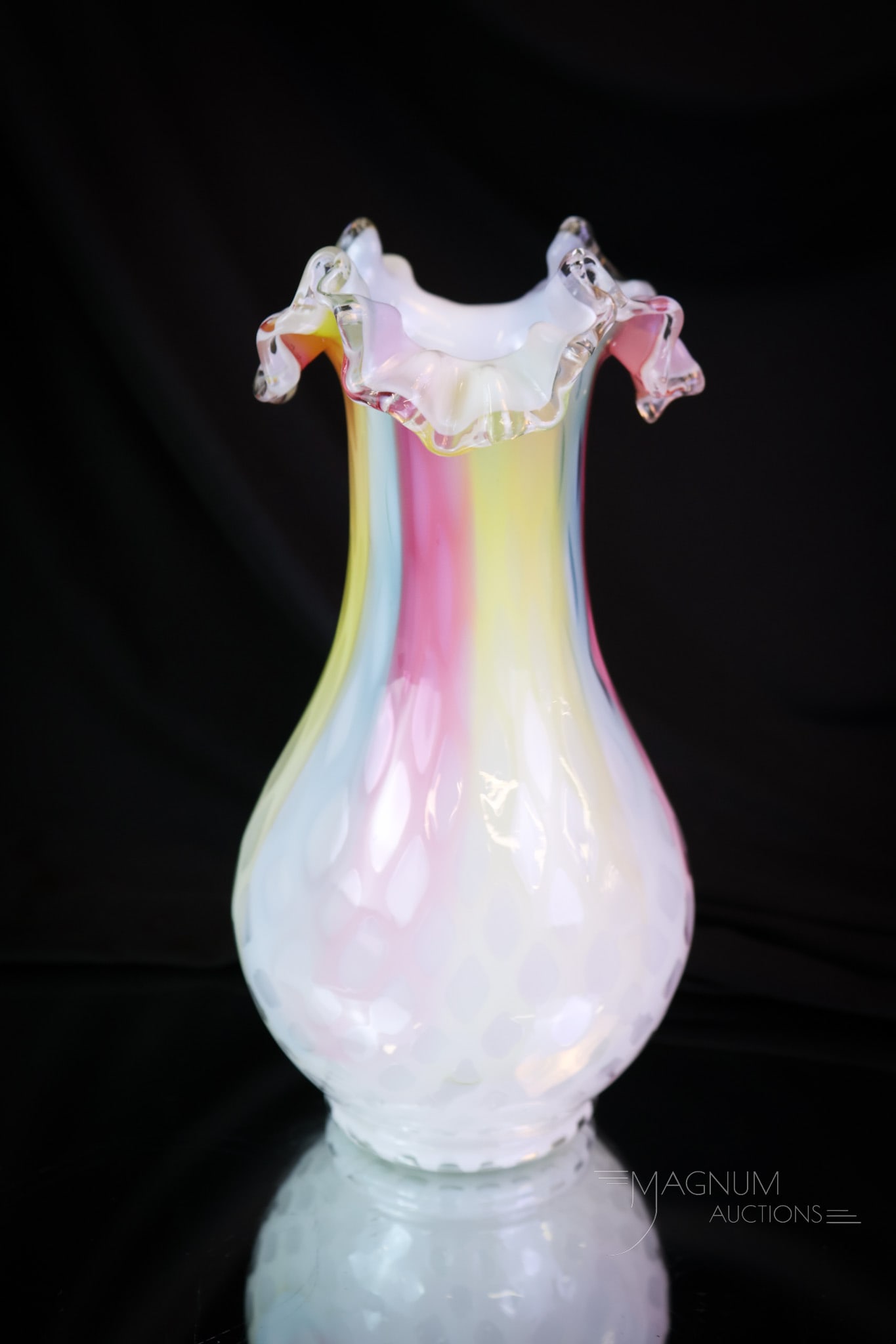 Rare Glossy Rainbow Mother of Pearl Victorian Glass Vase: A rare find in Victorian glossy rainbow mother-of-pearl glass. This vase has bright color and an oh, so attractive, glossy finish. The vase measures 8 1/2" tall. SHIPPING NOTICE: If you choose not to 