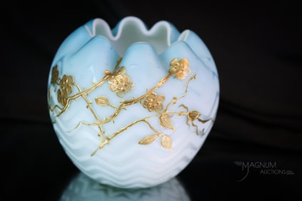 Victorian Herringbone Mother of Pearl Satin Glass Decorated Rose Bowl