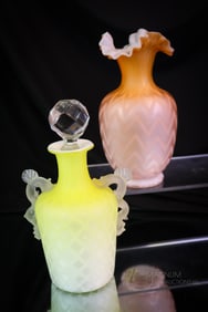 2 pc Lot Victorian Mother of Pearl Satin Glass Perfume & Vase