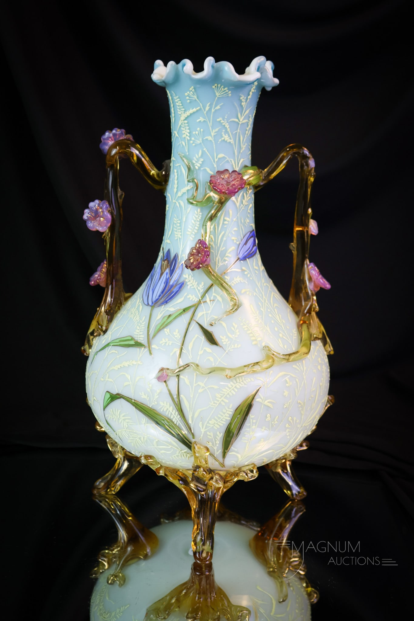 Victorian 13" Applied Uranium Rich Art Glass Vase: A large 13" tall Victorian applied glass vase. This is a grand example with applied feet and handles. This vase is elaborately enameled. Alas, there are losses of the applied flowers noted around the 