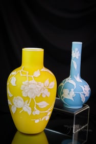 2 pc Lot Enameled Cased Victorian Art Glass Vases