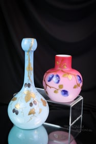 2 pc Lot Victorian Enameled Cased Glass Vases