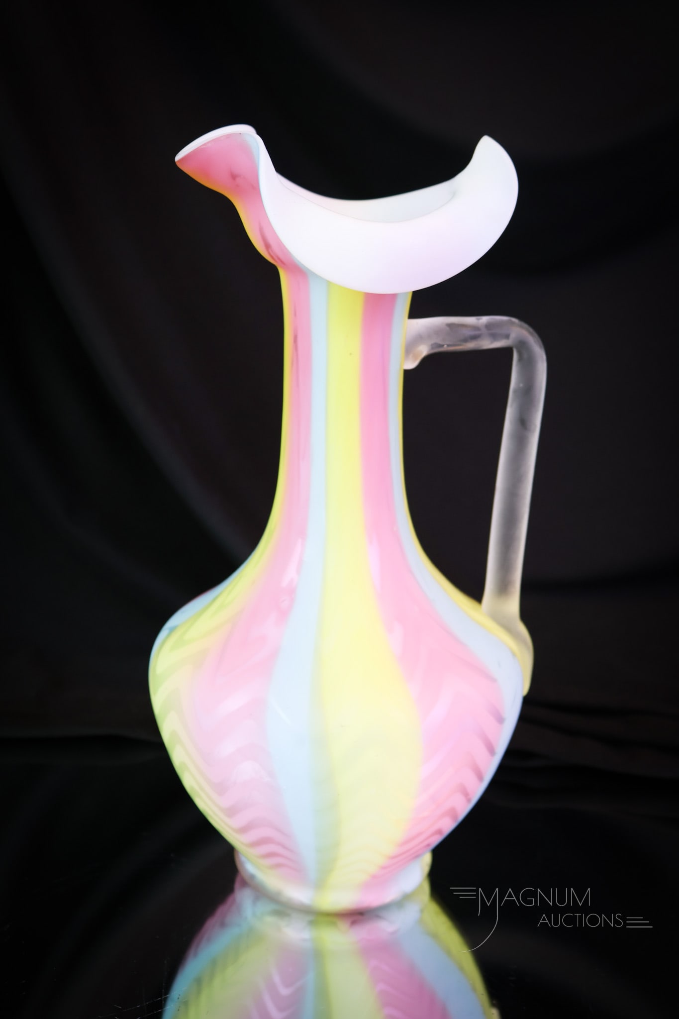 10" Rainbow Satin Mother of Pearl Herringbone Glass Ewer: A seldom found piece in Rainbow mother-of-pearl glass. This is a 10" tall ewer. This piece has extraordinary coloring and form. Will it make it into your cabinet? SHIPPING NOTICE: If you choose not to