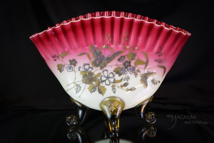 Signed Harrach Peachblow Uranium Victorian Art Glass Decorated Fan Vase