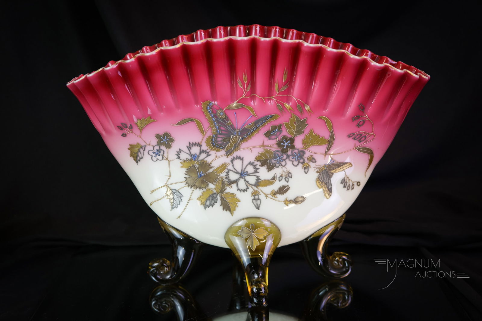 Signed Harrach Peachblow Uranium Victorian Art Glass Decorated Fan Vase: This is a piece for the shiners! Vasies and Uranies take note of this fine uranium-rich vase. The glass is loaded with glowy content. It is lavishly decorated with silver and gold decoration. The fan