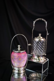 2 pc Lot Victorian Silverplate Peachblow & More Glass Pickle Castors