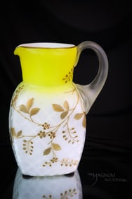Phoenix Victorian Canaray Yellow Gilt Mother of Pearl Satin Glass Water Pitcher