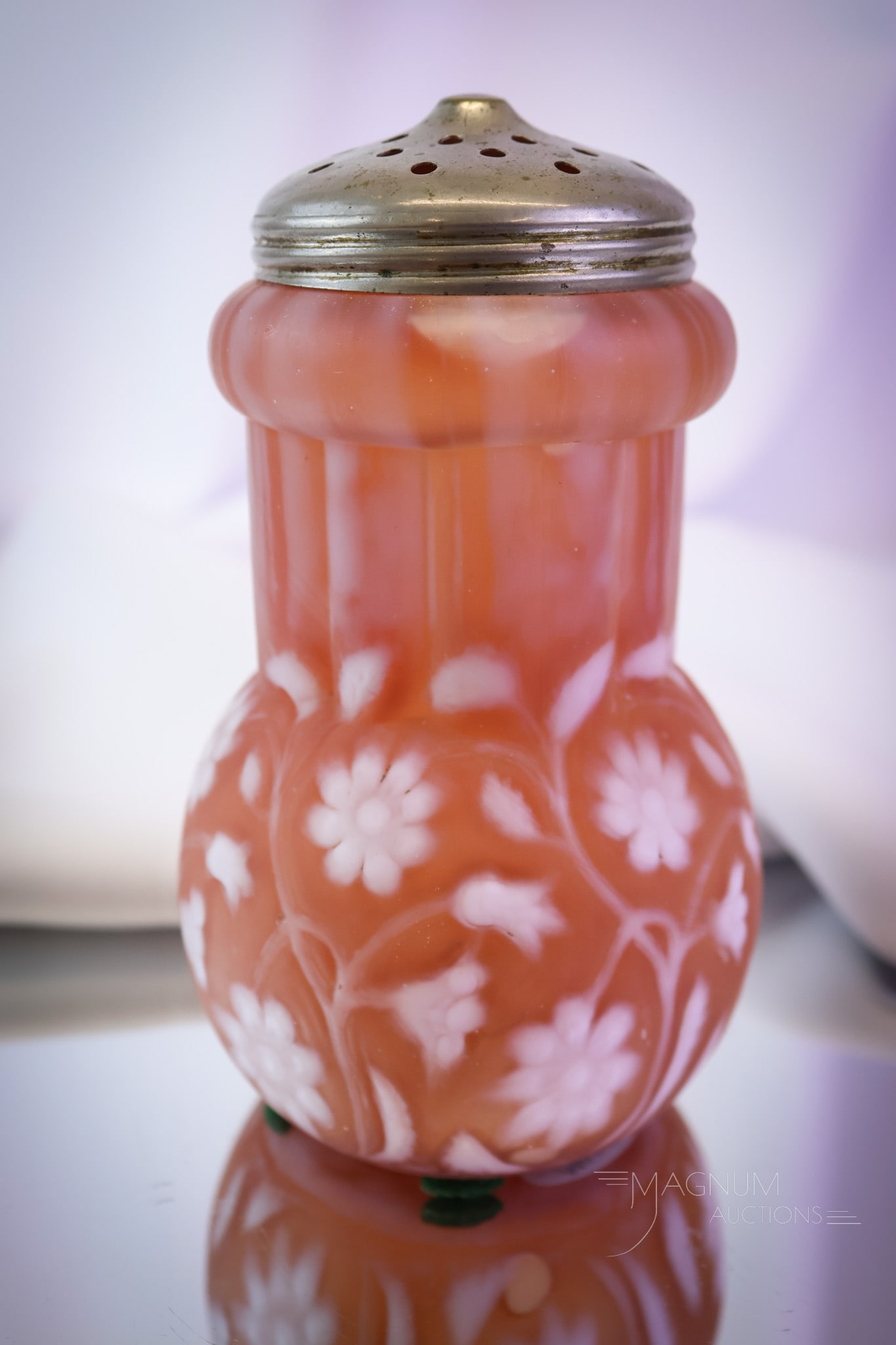 Exceptionally Rare Findlay Floradine Victorian Glass Sugar Shaker: Another exceptionally rare find in Victorian glass here at Magnum Auctions! This is a Findlay Floradine sugar shaker. Seldom, if ever, do these surface. This excellent example measures 5 1/4 "tall and